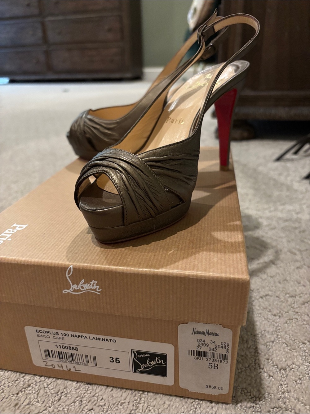 Christian Louboutin Brown Nappa Laminato Peep-Toe Slingback Heels